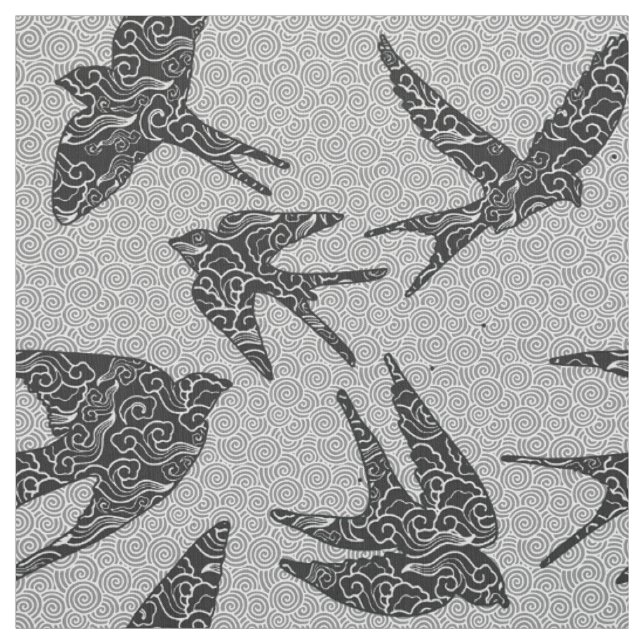 Japanese Swallows in Flight, Charcoal & Light Grey Fabric (Swatch)