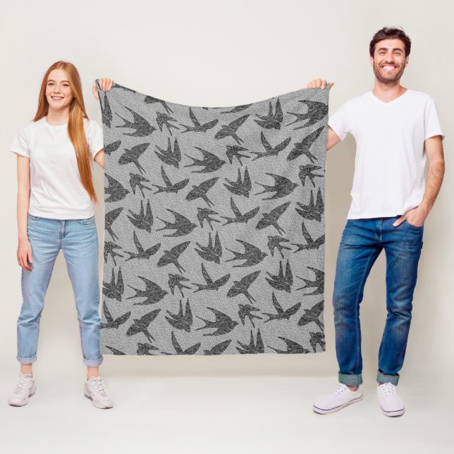 Japanese Swallows in Flight, Charcoal & Light Grey Fleece Blanket (In Situ)