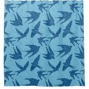 Japanese Swallows in Flight, Cobalt and Pale Blue Shower Curtain