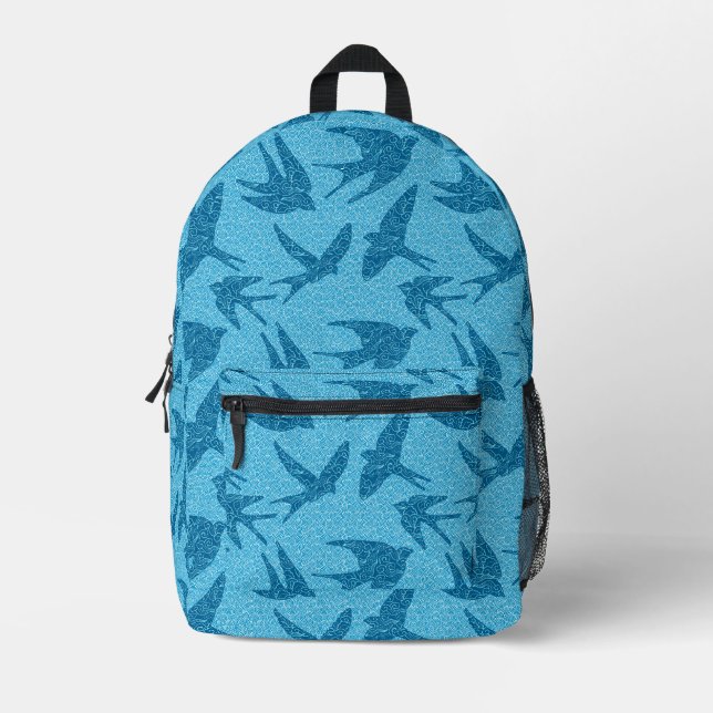 Japanese Swallows in Flight, Indigo and Light Blue Printed Backpack (Front)