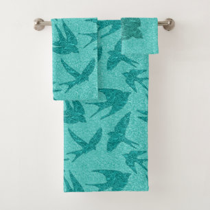 Japanese Swallows in Flight, Turquoise and Aqua Ba Bath Towel Set