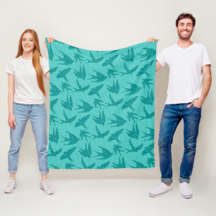 Japanese Swallows in Flight, Turquoise and Aqua Fleece Blanket