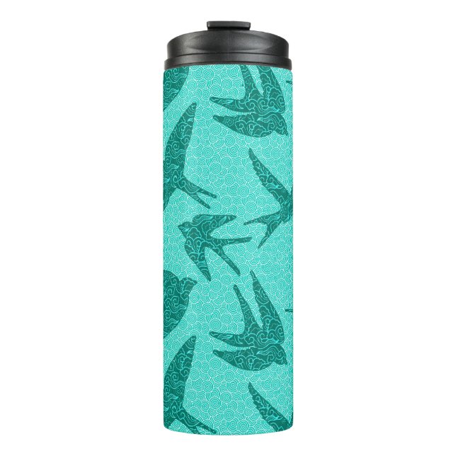 Japanese Swallows in Flight, Turquoise and Aqua  Thermal Tumbler (Front)