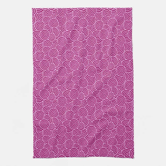 Japanese swirl pattern - burgundy and pale pink tea towel (Vertical)