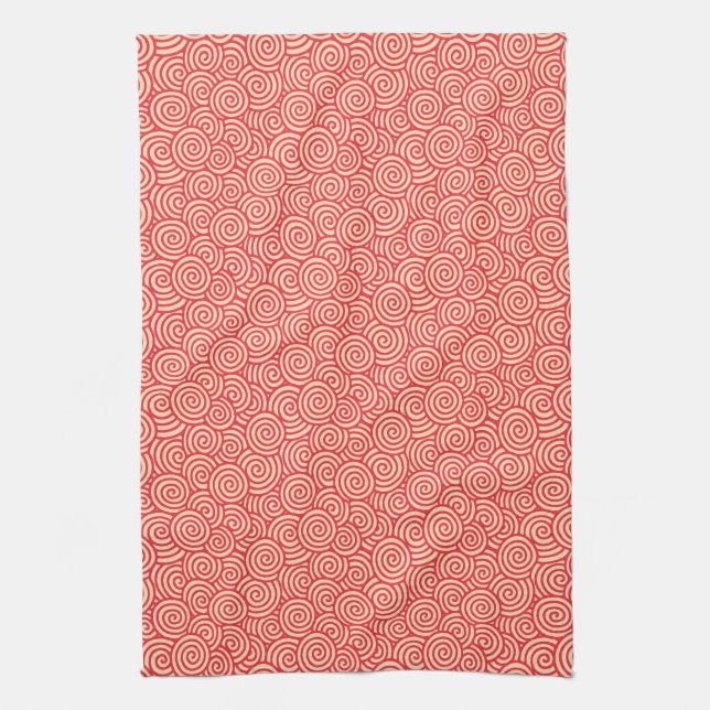 Japanese swirl pattern - coral orange tea towel (Vertical)