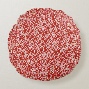 Japanese swirl pattern - deep red and white round cushion