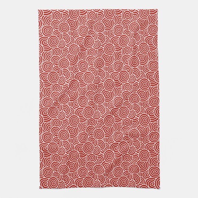 Japanese swirl pattern - deep red and white tea towel (Vertical)