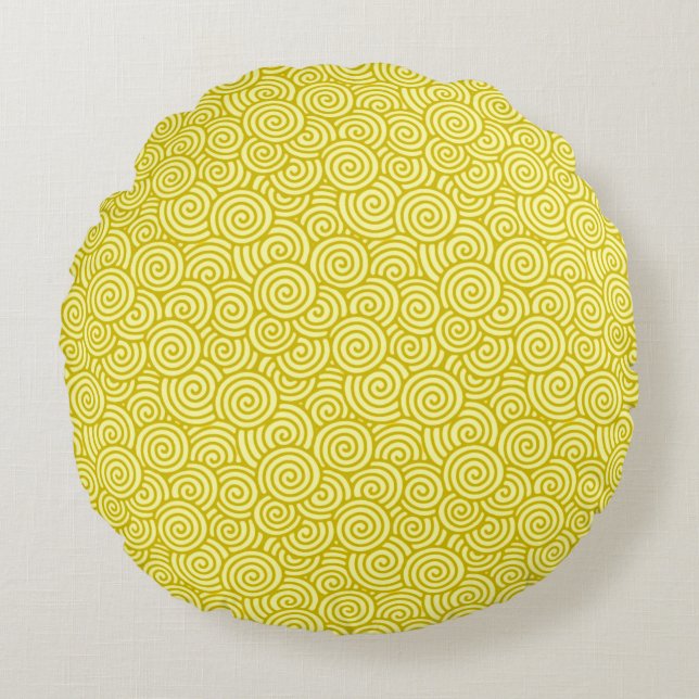 Japanese swirl pattern - mustard and light yellow round cushion (Front)