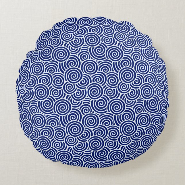 Japanese swirl pattern - navy blue and white round cushion (Front)