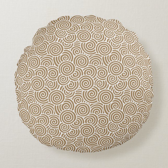 Japanese swirl pattern - taupe tan and white round cushion (Front)