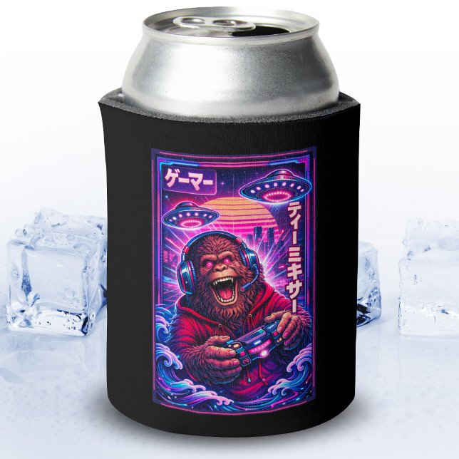 Japanese Synthwave Sci Fi UFO Bigfoot Cool Gamer Can Cooler (Creator Uploaded)