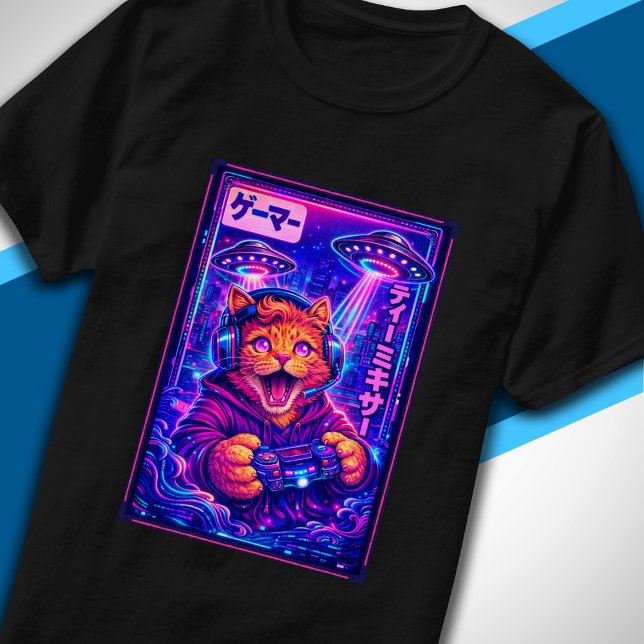 Japanese Synthwave Sci Fi UFO Cat Cool Gamer T-Shirt (Creator Uploaded)