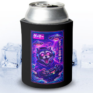 Japanese Synthwave Sci Fi UFO Raccoon Cool Gamer Can Cooler