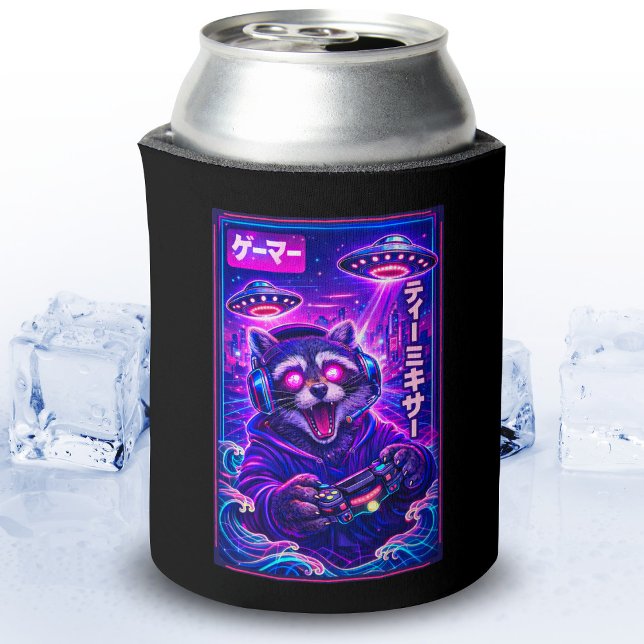 Japanese Synthwave Sci Fi UFO Racoon Cool Gamer Can Cooler (Creator Uploaded)