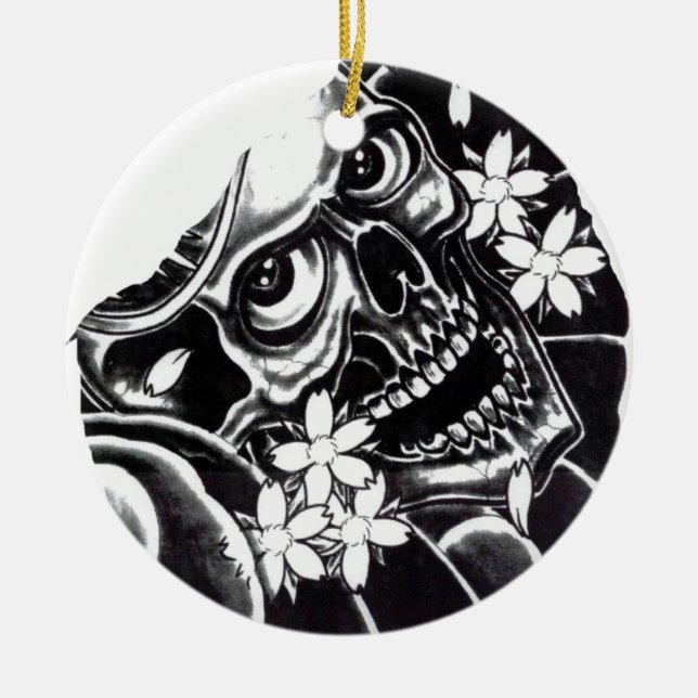 Japanese tattoo skull ceramic tree decoration (Front)