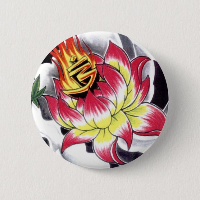 Japanese Tattoo Style Flaming Lotus Flower 6 Cm Round Badge (Front)