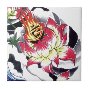 Japanese Tattoo Style Flaming Lotus Flower Tile