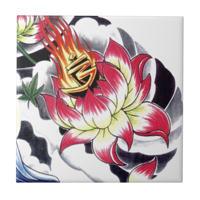 Japanese Tattoo Style Flaming Lotus Flower Tile (Front)
