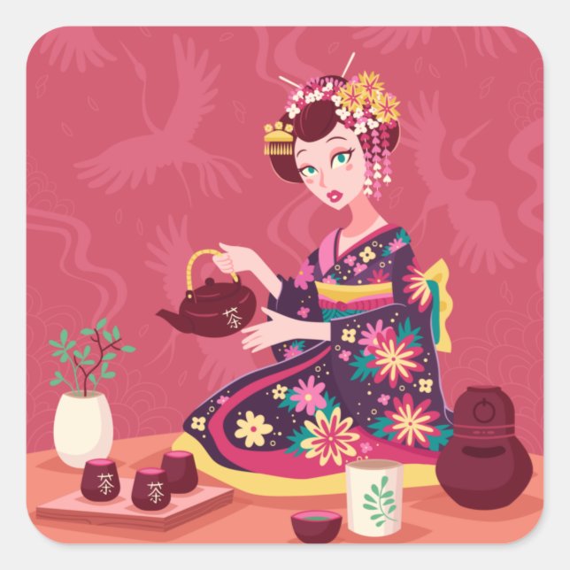 Japanese Tea Ceremony, Crane Square Sticker (Front)