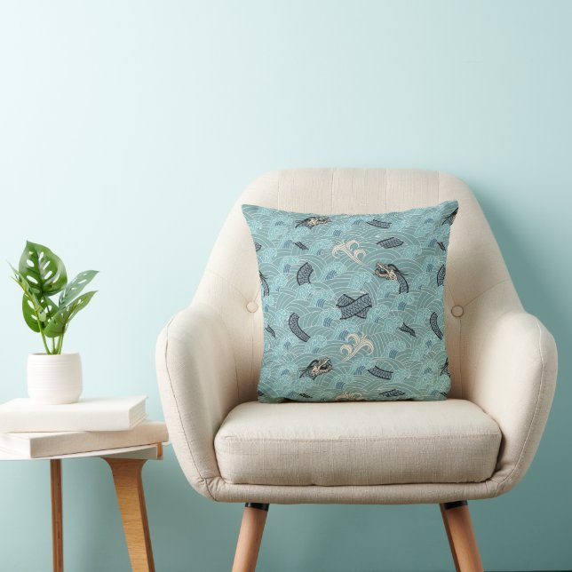 Japanese Teal Dragon Waves Cushion (Chair)