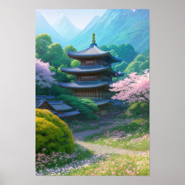 Japanese Temple Amidst Beautiful Scenery Poster (Front)
