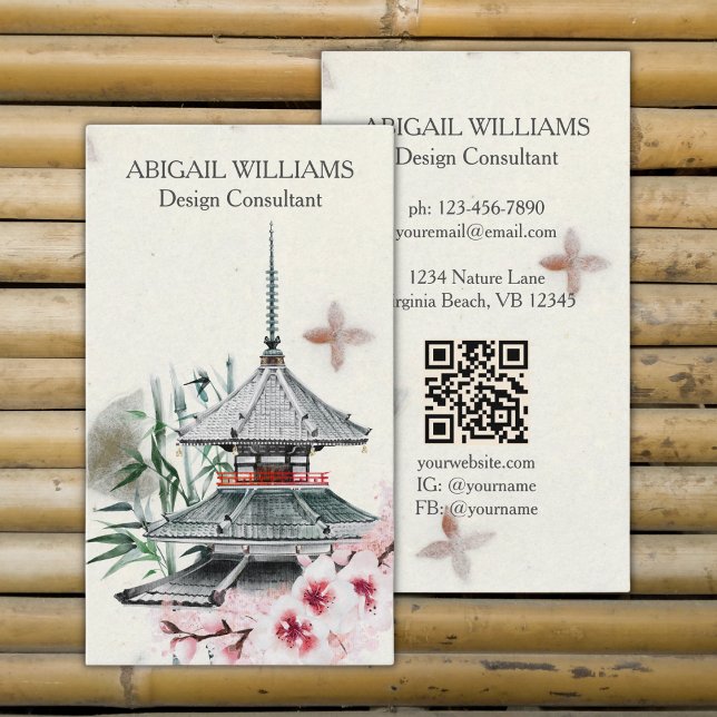 Japanese Temple, Bamboo, Cherry Blossoms Business Card (Creator Uploaded)