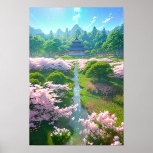 Japanese Temple in a Sakura Field Poster