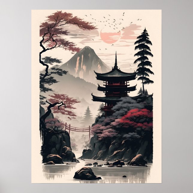 Japanese Temple Landscape Poster – Zen Mountain  (Front)