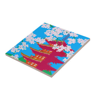 Japanese temple with cherry blossom tile