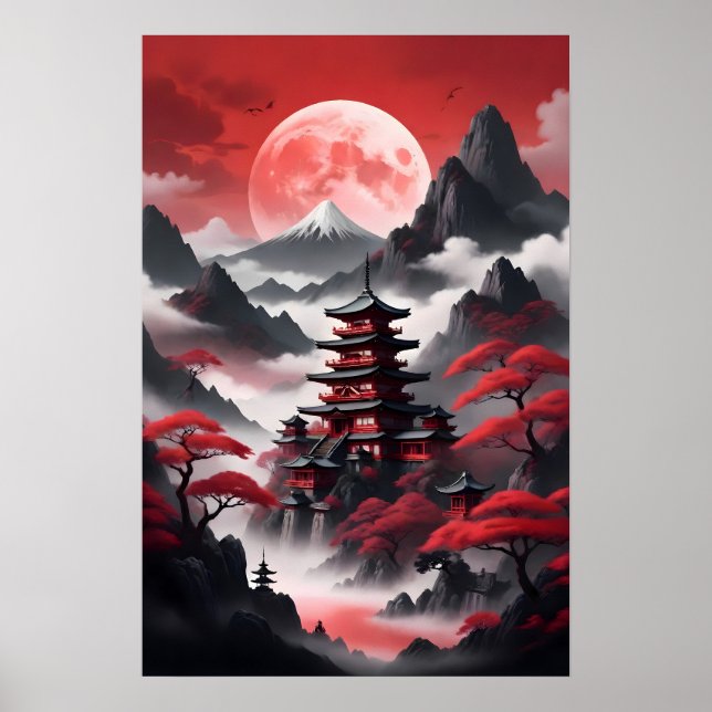 Japanese temples in the misty mountains poster (Front)