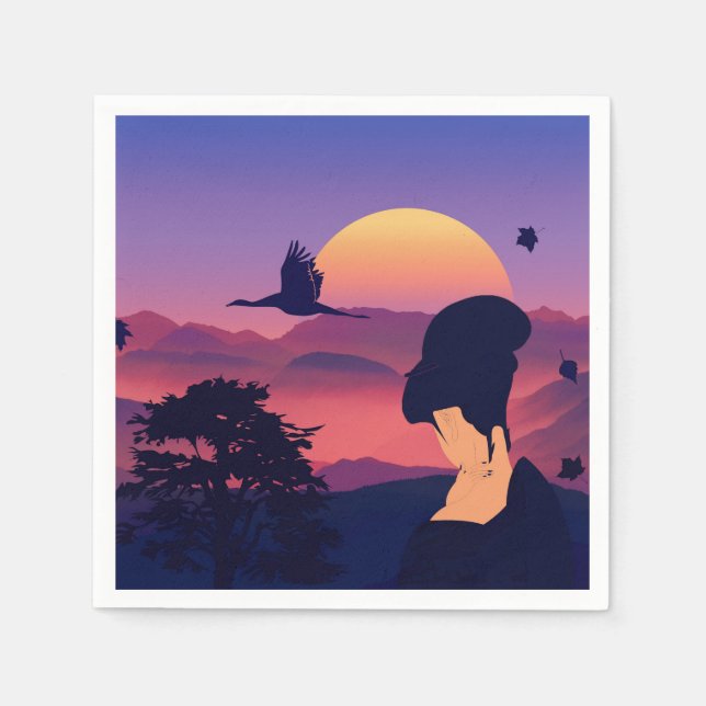 Japanese Theme Geisha Tree And Rising Sun Napkin (Front)
