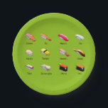 Japanese themed dinner party with sushi chart art paper plate<br><div class="desc">Cute sushi types chart cartoon kawaii Japanese for a Japanese or sushi themed dinner party</div>