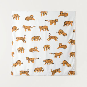 Japanese tiger animal doodle seamless vintage hand tapestry
