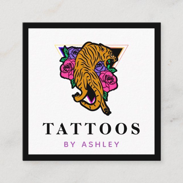 Japanese Tiger Illustration Tattoo Artist Bold Square Business Card (Front)