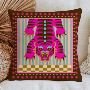 Japanese Tiger on Stripes& Chequered Pattern Funky Cushion