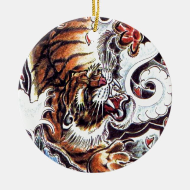 Japanese Tiger Tattoo Ceramic Tree Decoration (Front)