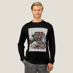 Japanese Tiger with Cherry Blossoms and Waves Long Tri-Blend Shirt