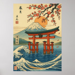 Japanese Torii Gate and Mount Fuji with Waves Poster