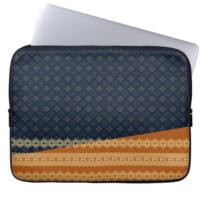 Japanese Tortoise and Diamond Pattern Gold Navy Laptop Sleeve (Front)