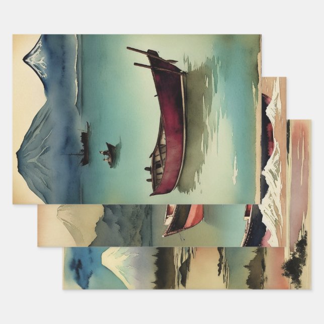 Japanese traditional Landscape Paint ephemera No4 Wrapping Paper Sheet (Set)