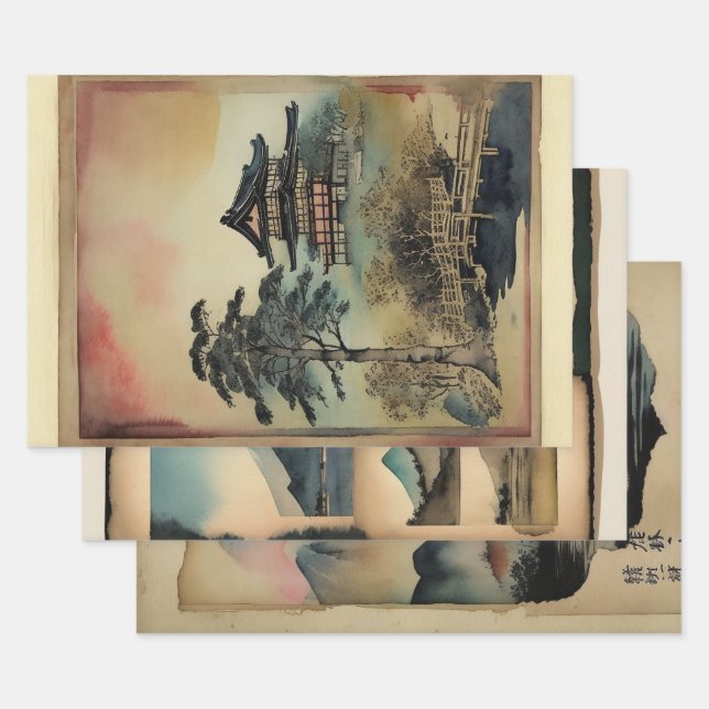 Japanese traditional Landscape Paint ephemera No7 Wrapping Paper Sheet (Set)