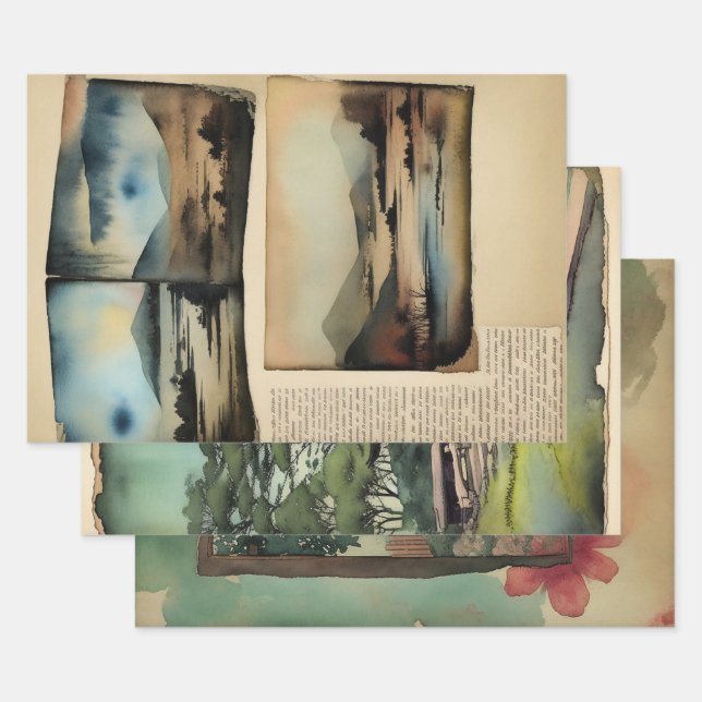 Japanese traditional Landscape Paint ephemera No9 Wrapping Paper Sheet (Set)