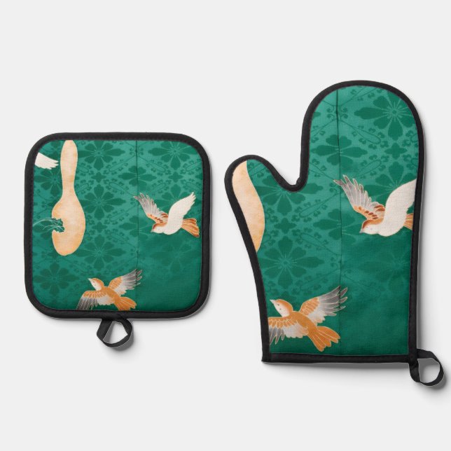 Japanese Traditional Pattern & Little Bird Oven Mitt & Pot Holder Set (Front)