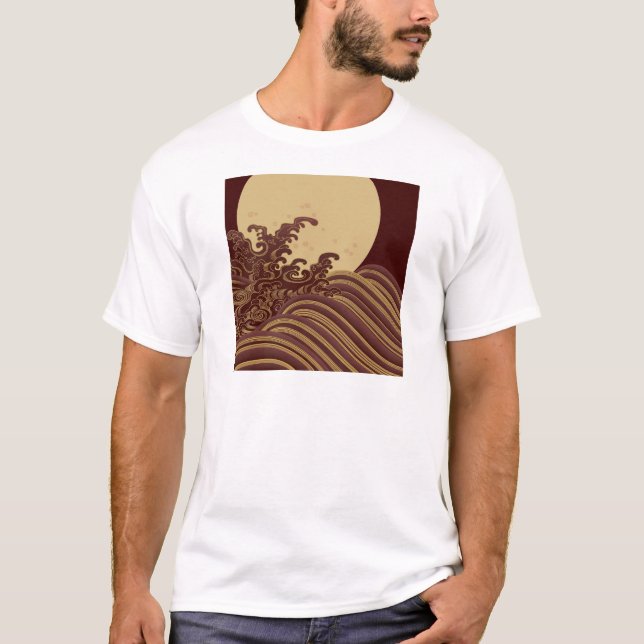 Japanese Traditional Wave and Moon Pattern T-Shirt (Front)