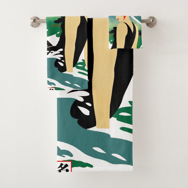 Japanese Travel Tourism Poster 1930s Art Deco Girl Bath Towel Set (Insitu)