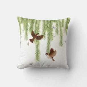 Japanese Tree Sparrows Under a Weeping Willow Cushion