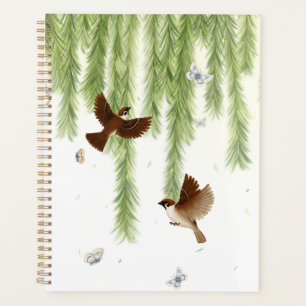 Japanese Tree Sparrows Under a Weeping Willow Note Planner