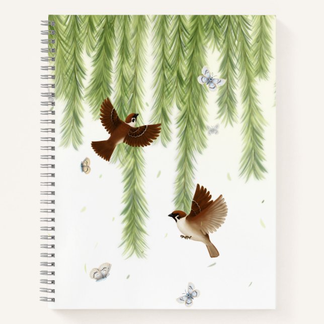 Japanese Tree Sparrows Under a Weeping Willow Notebook (Front)