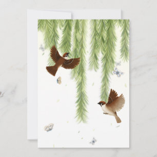 Japanese Tree Sparrows Under a Weeping Willow Thank You Card
