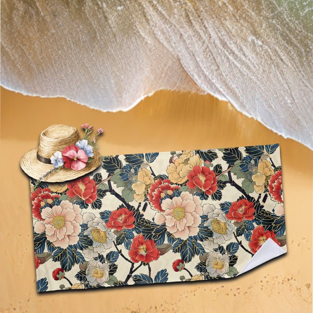 Japanese Ukiyo-E Art Floral Pattern Beach Towel (Creator Uploaded)